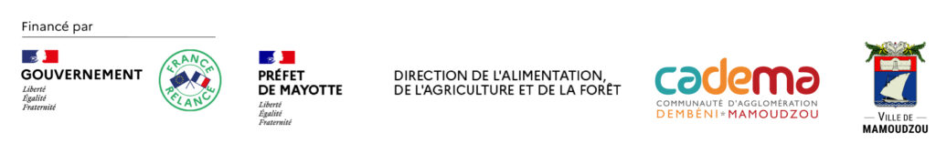 Logo des financeurs des marchés paysans : le Gouvernement avec France Relance, le préfet de Mayotte à travers la direction de l'alimentation de l'agriculture et de la forêt, la Communauté d'agglomération Dembeni Mamoudzou, la Ville de Mamoudzou - Agrandir l'image, fenêtre modale