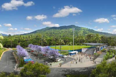 Perspective 3D d'ensemble du futur stade de Tsoundzou - Agrandir l'image 1 sur 4, fenêtre modale