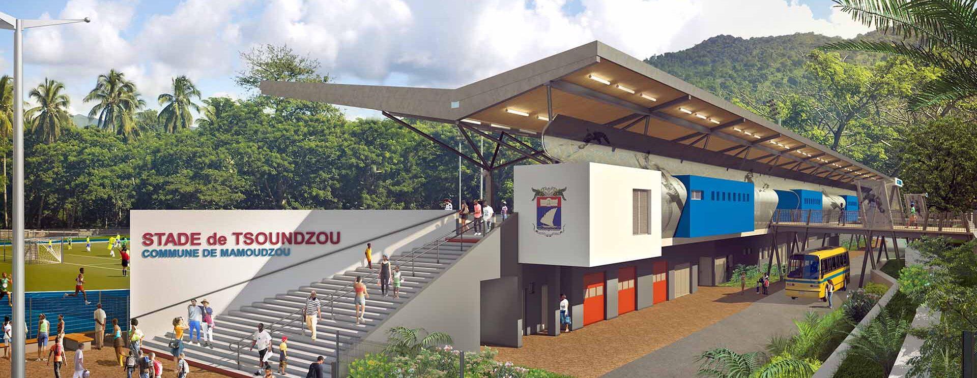 Perspective 3D de l'extérieur du futur stade de Tsoundzou
