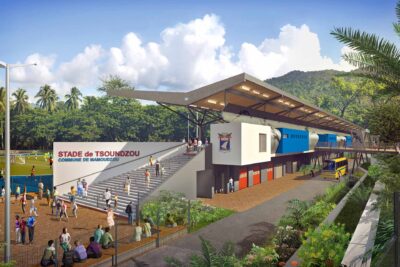 Perspective 3D de l'extérieur du futur stade de Tsoundzou - Agrandir l'image 3 sur 4, fenêtre modale