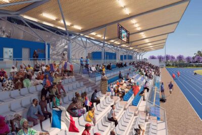 Perspective 3D des gradins du futur stade de Tsoundzou - Agrandir l'image 4 sur 4, fenêtre modale