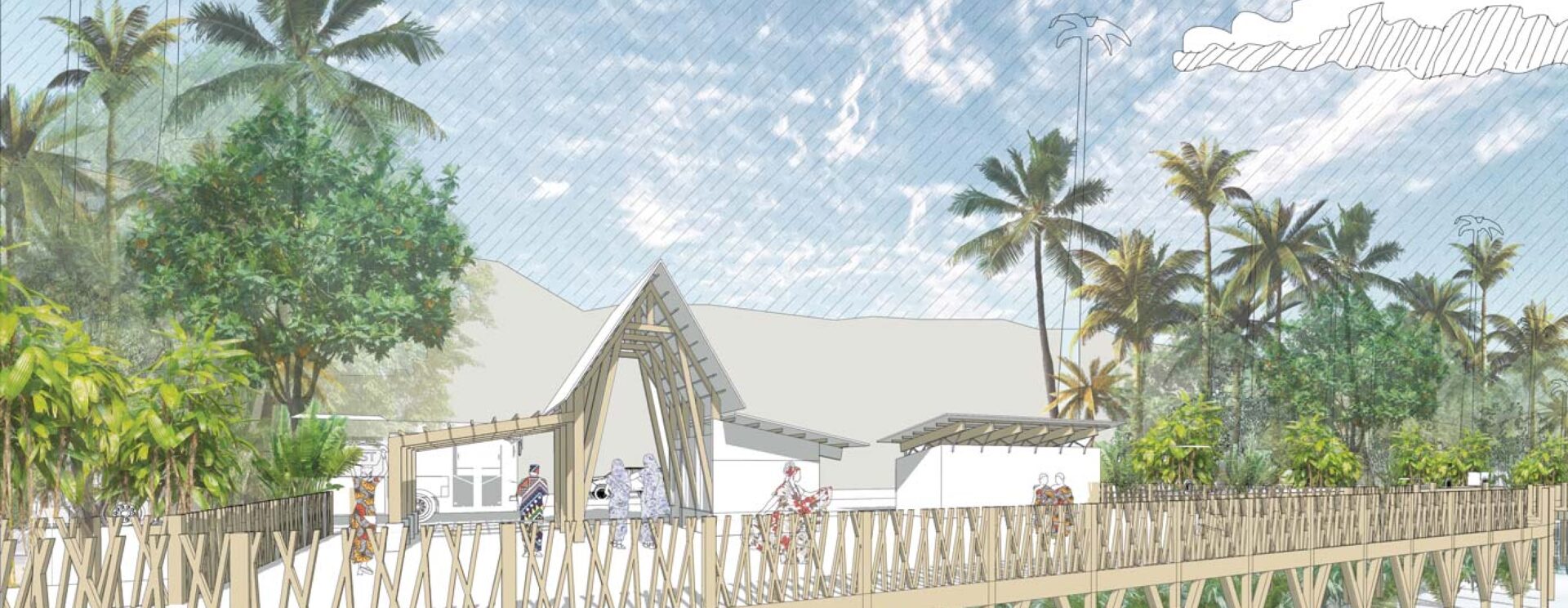 Illustration du scénario 1 pour l'aménagement du front de mer de Mamoudzou : dessin d'une promenade sur pilotis arborée avec des bâtiments.