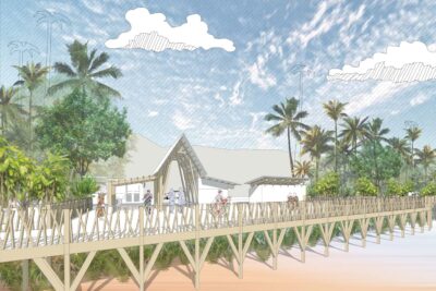 Illustration du scénario 1 pour l'aménagement du front de mer de Mamoudzou : dessin d'une promenade sur pilotis arborée avec des bâtiments. - Agrandir l'image 2 sur 3, fenêtre modale