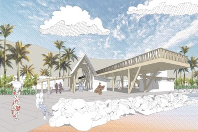 Illustration du scénario 2 pour l'aménagement du front de mer de Mamoudzou : dessin d'une promenade bétonnée avec des bâtiments et des rochers. - Agrandir l'image 2 sur 3, fenêtre modale