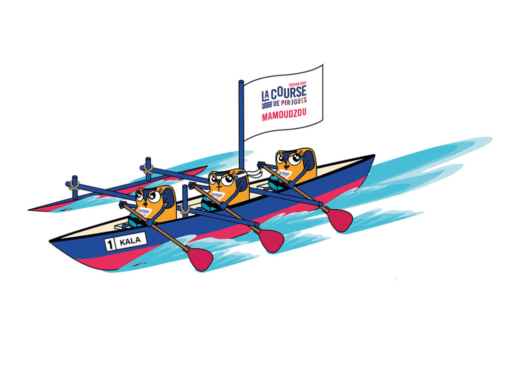 Kala, la mascotte officielle de la course de pirogues de Mamoudzou sur une pirogue - Agrandir l'image, fenêtre modale