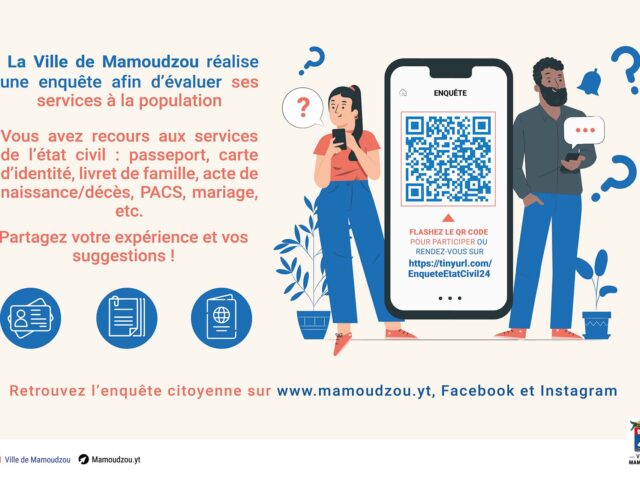 La Ville de Mamoudzou réalise une enquête afin d’évaluer ses services à la population (état civil) : passeport, carte d’identité, livret de famille, acte de naissance/décès, PACS, mariage, etc. Retrouvez l’enquête citoyenne sur www.mamoudzou.yt, Facebook et Instagram, via le lien https://tinyurl.com/EnqueteEtatCivil24. - Agrandir l'image, fenêtre modale