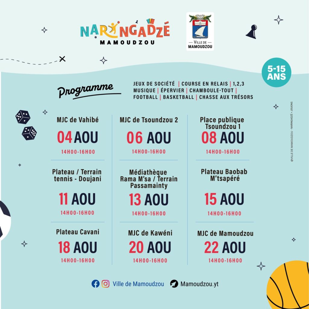 Programme des animations Naringadzé organisées à Mamoudzou pour les jeunes de 5 à 15 ans du 4 au 22 aout 2025 - Agrandir l'image, fenêtre modale