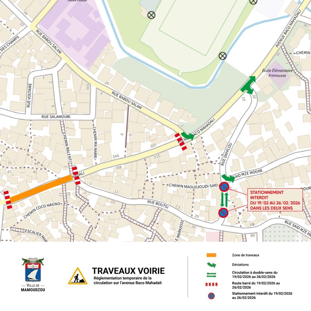 Plan de circulation durant les travaux de l'avenue Baco Mahadali - Agrandir l'image, fenêtre modale