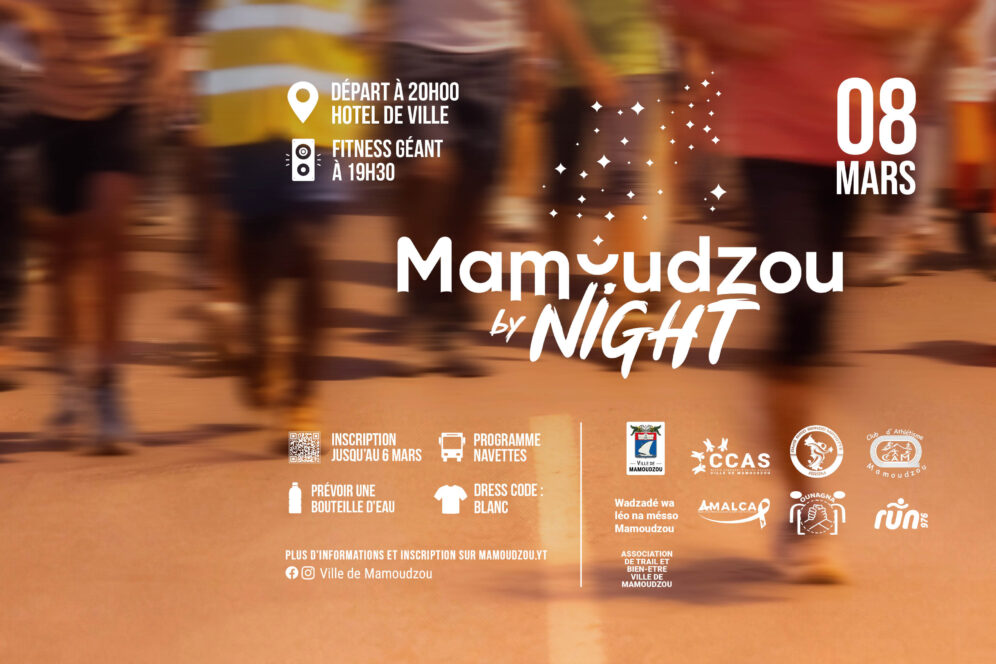 Mamoudzou by night, 8 mars 2026, fitness géant à 19h30, départ du trail et de la marche à 20h, inscription jusqu'au 6 mars 2026.