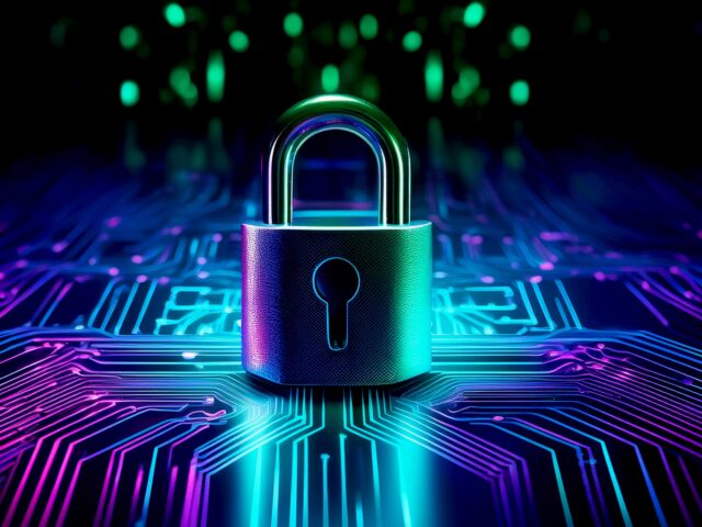 Cadenas posé sur un circuit imprimé éclairé de lumières néons bleues, violettes, vertes - Agrandir l'image, fenêtre modale