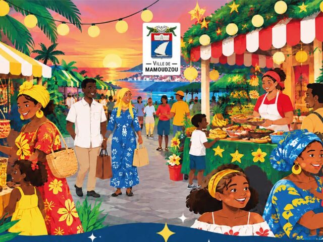 Illustration d’un « marché de Noel » avec le logo de la Ville de Mamoudzou - Agrandir l'image, fenêtre modale