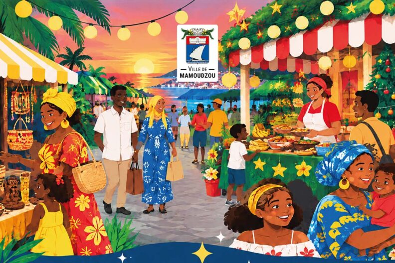 Illustration d’un « marché de Noel » avec le logo de la Ville de Mamoudzou